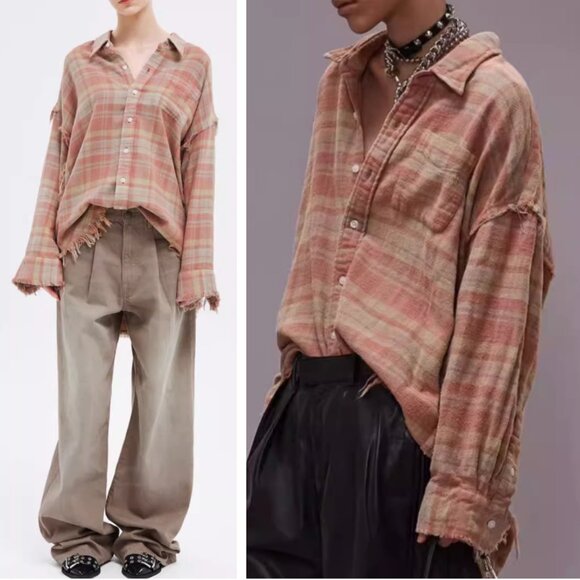 NWT R13 Shredded Seam Flannel Drop Neck Shirt Washed-Out Red/Khaki Plaid XLarge - Picture 1 of 15